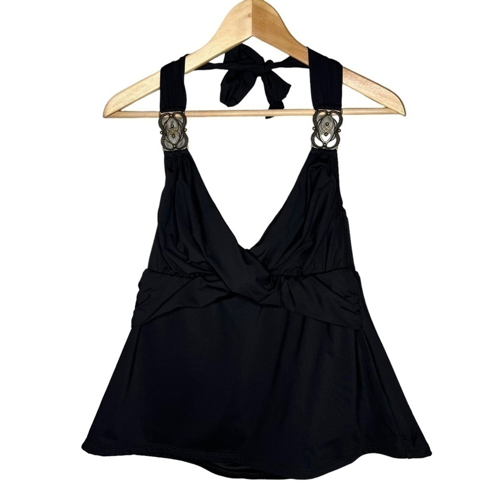 Becca by Rebecca Virtue black halter neck tie medal buckle tankini Sz 0X 14-16